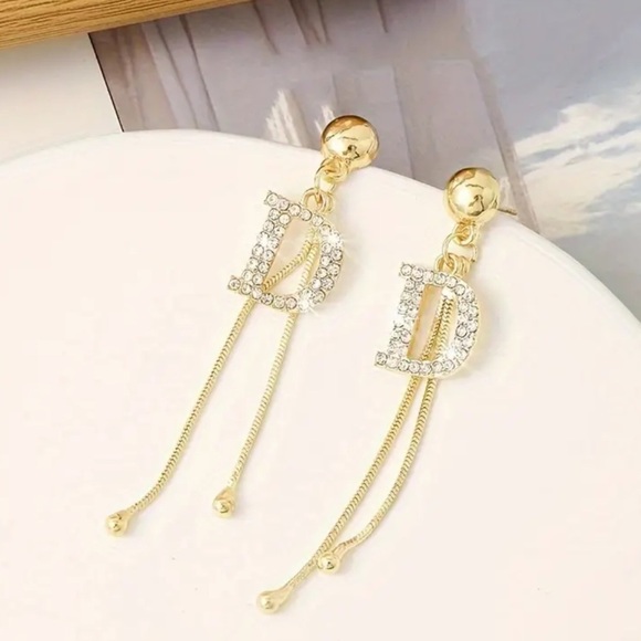 Luxurious Inspired Letter D 14K Gold Plated Long Drop Chain Earrings - Picture 7 of 9
